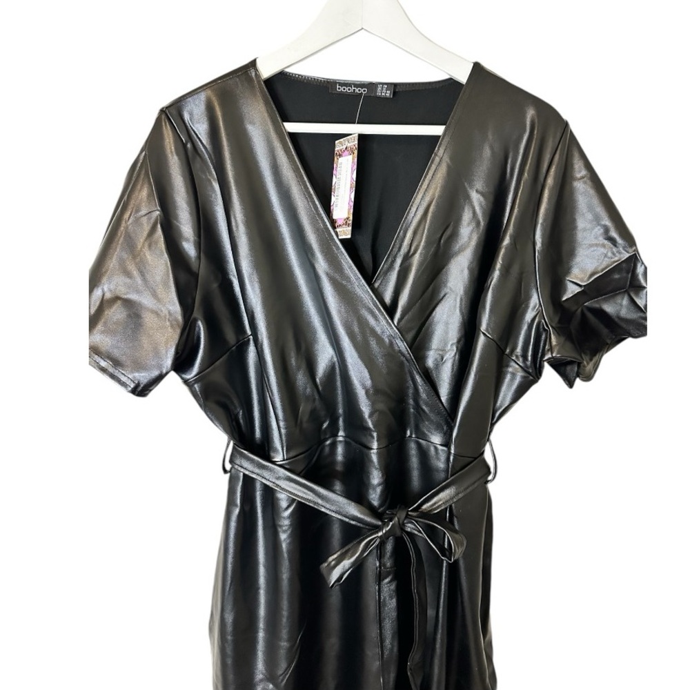 💝Boohoo NWT Faux Leather Black Wrap Around Dress Women's Size 16 - Picture 3 of 7